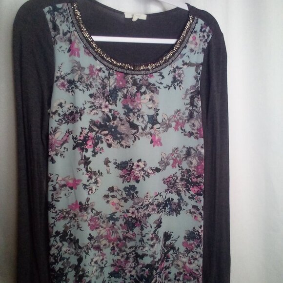 Maurices Blouse Women S Long Sleeve Beading Floral Blue Gray - Picture 1 of 15